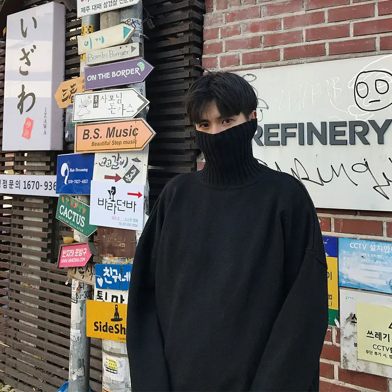 Осенне-зимний мужской утепленный черный Однотонный свитер с высоким воротником