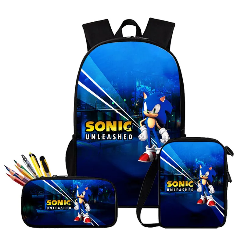 

Creative Fashion Super SONIC 3D Print 3pcs/Set pupil School Bags Laptop Daypack Backpack Inclined shoulder bag Pencil Case