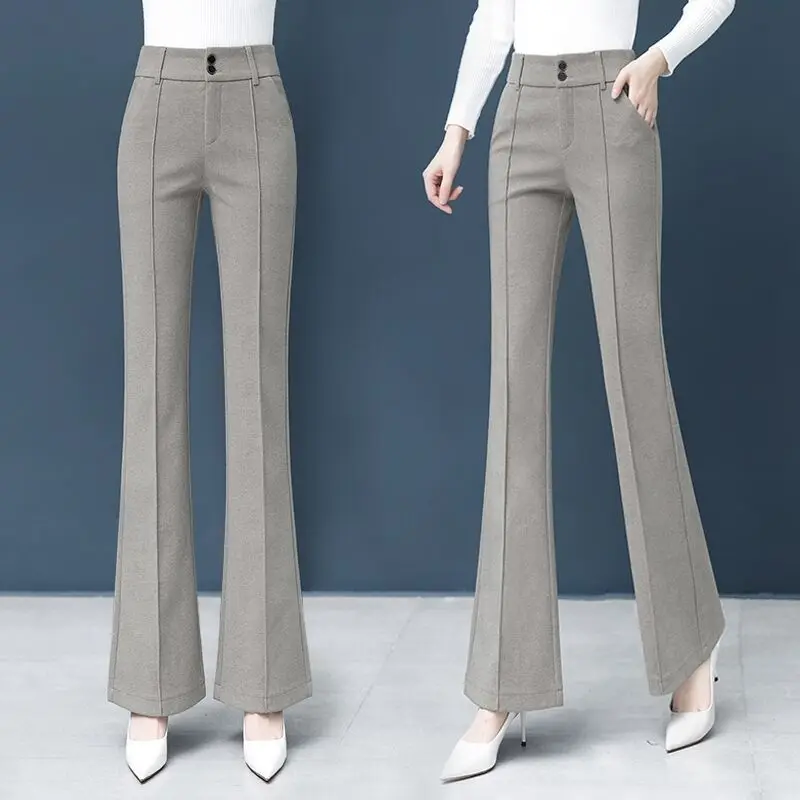 

2022 Women Autumn Winter New High Waist Flared Pants Female Loose Pockets Woolen Pants Ladies Solid Color Long Trousers T24