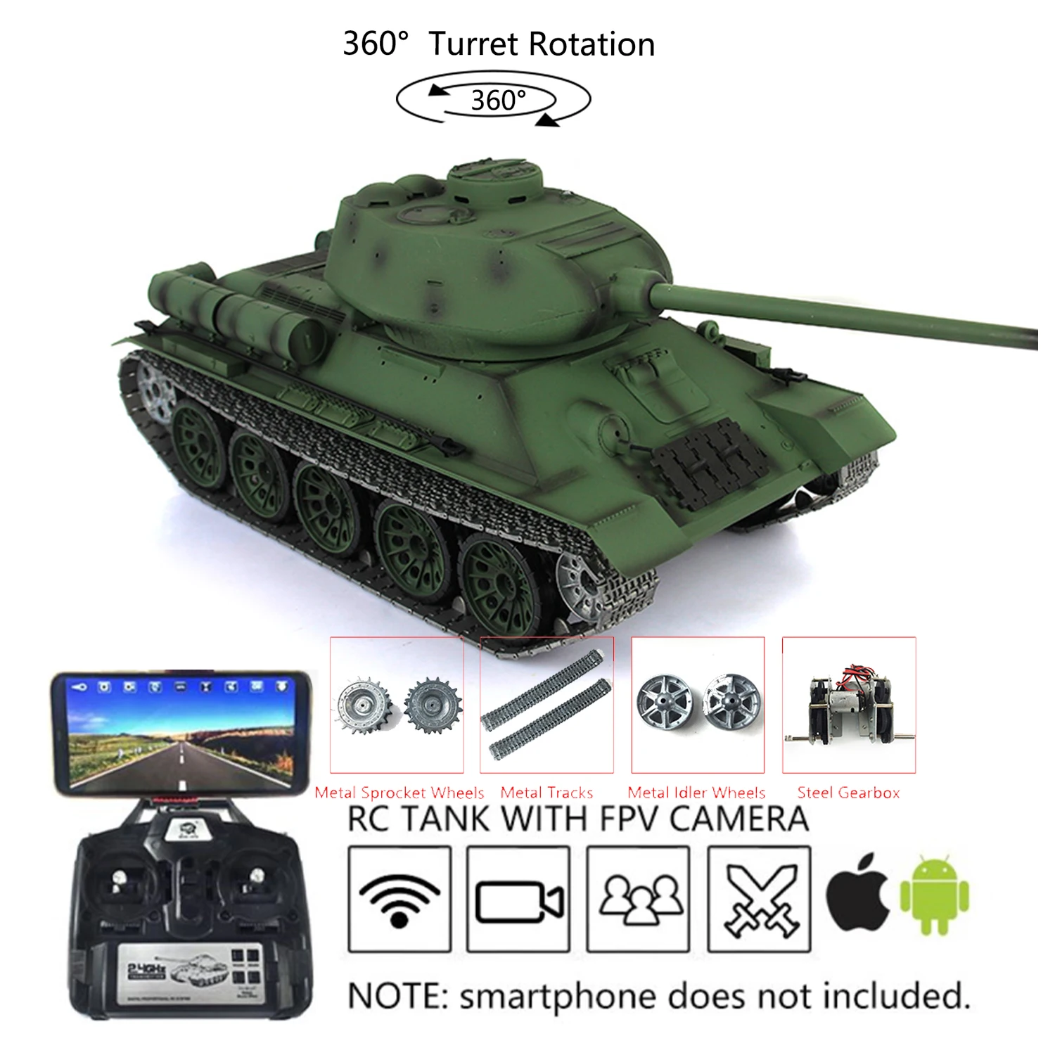 

Henglong Upgraded Ver 1/16 7.0 Metal Soviet T34-85 I FPV RC Tank 3909 360°Turret Metal Tracks Battle Against TH17769-SMT7