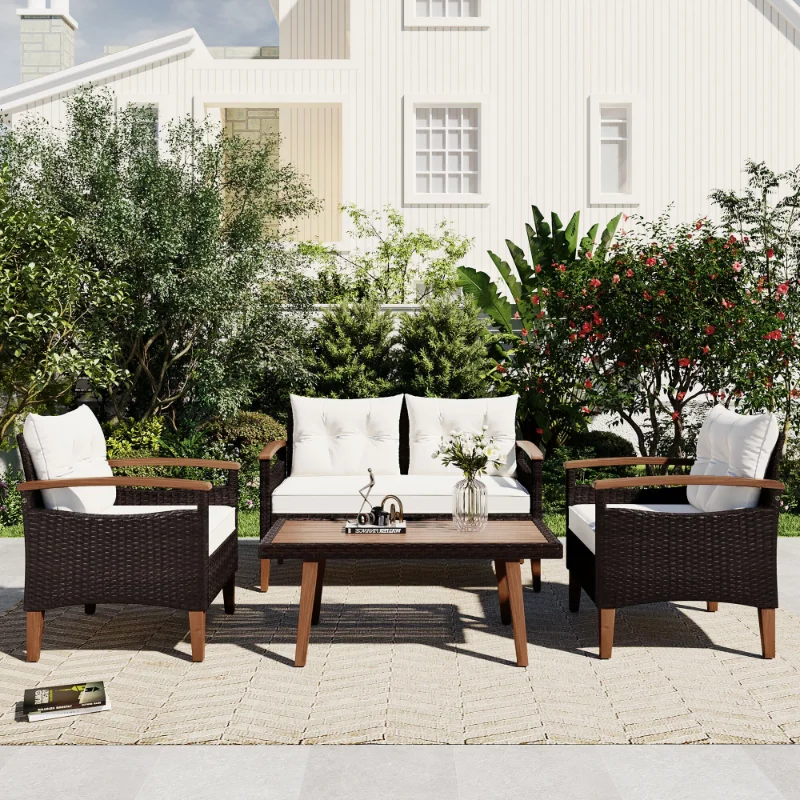 

Euroco 4 Piece Conversation Set, Patio Seating Set with Wood End Table, PE Rattan Outdoor Sofa Set, Beige