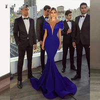royal blue mermaid evening dresses v neck short sleeves off shoulder formal party long prom celebrity gowns 2022