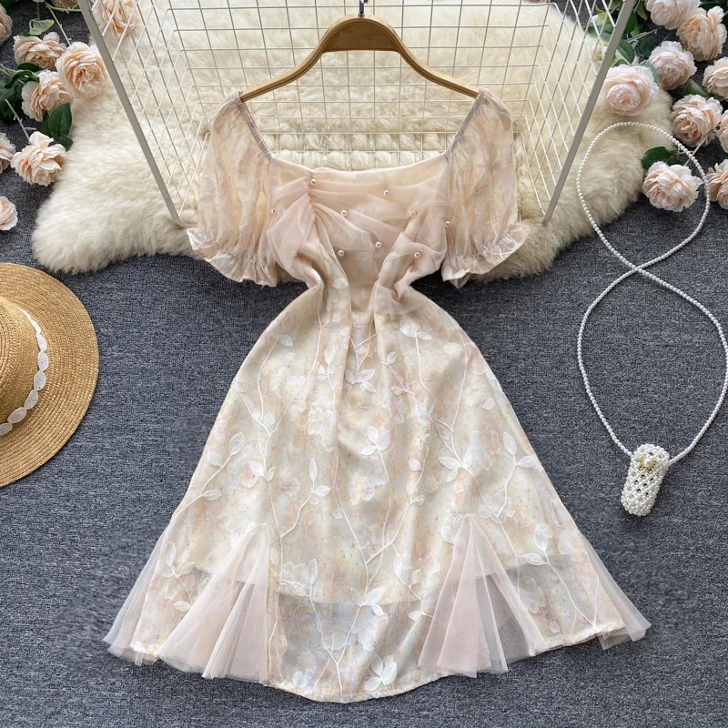 

WEIHAOBANG 2022 Summer Women's New Screen Printed Square Neck Short Sleeve Slim Dress Casual Short High Waist A-line Skirt