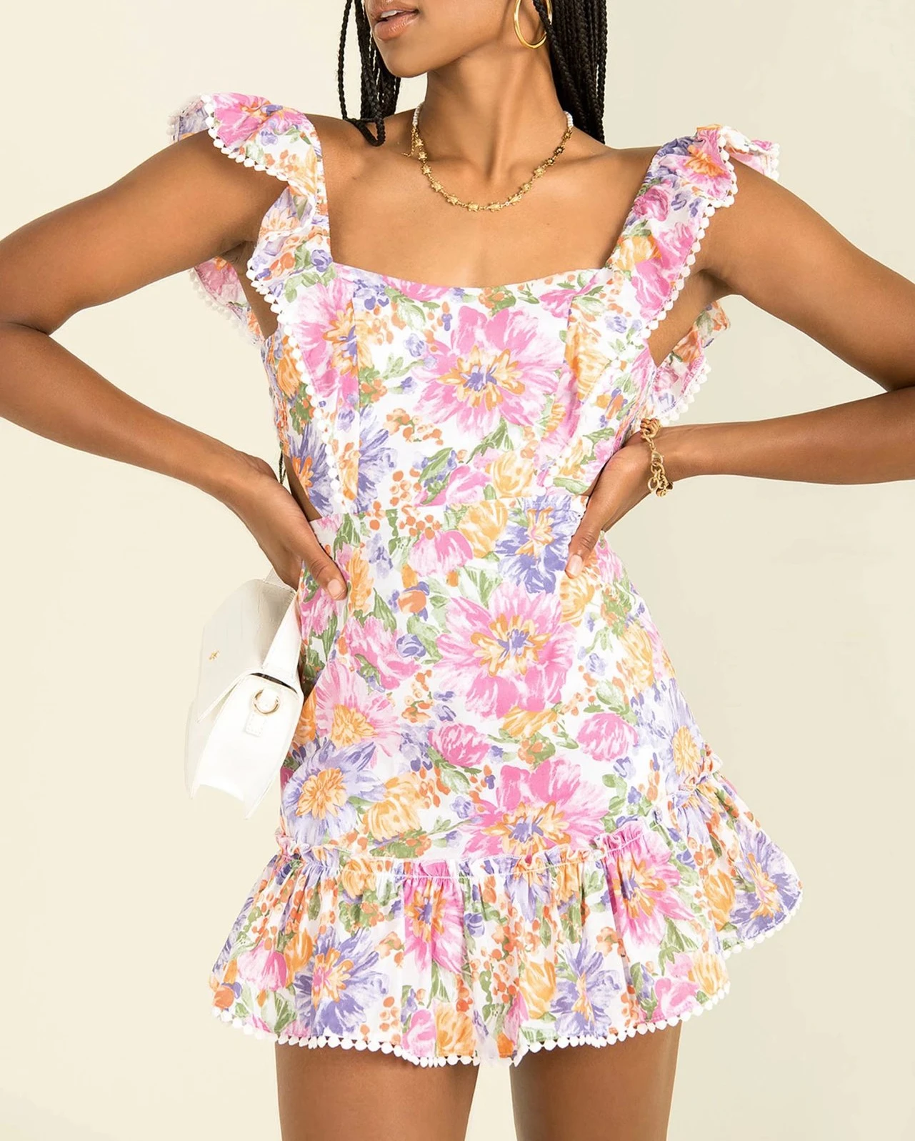 

Женское мини-платье с оборками, платье без рукавов с квадратным вырезом и цветочным принтом, привлекательное летнее пляжное платье с открыт...