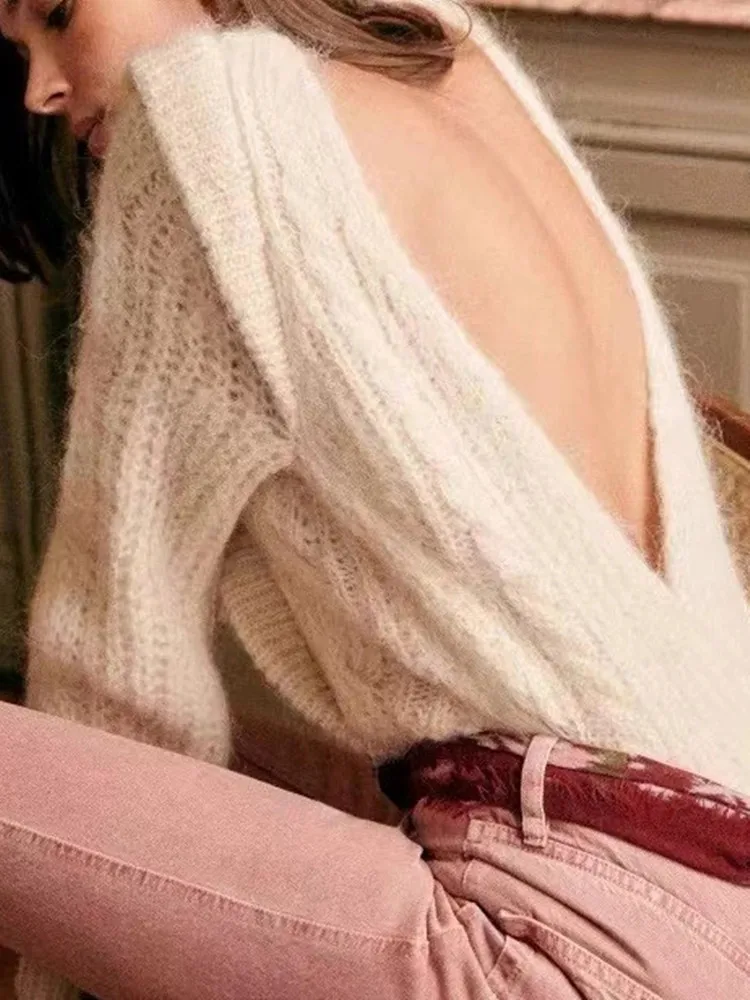 

Women Backless Knitted Sweater Ladies Simple Long-Sleeved All-Match Twist Knitwear Pullover Tops 2022 Spring New