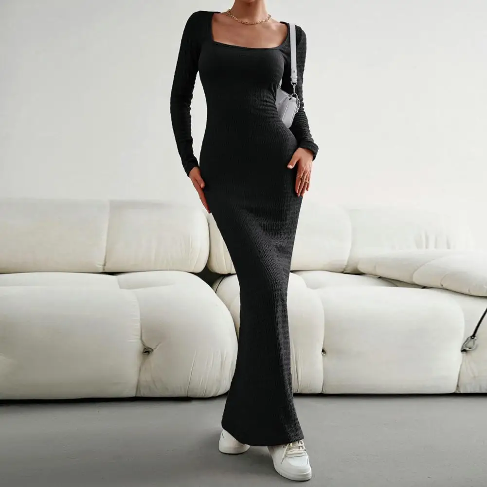 

Women Spring Fall Dress Elastic Knitted Square Neck Lady Dress Solid Color Long Sleeve Ankle Length Prom Banquet Maxi Dress