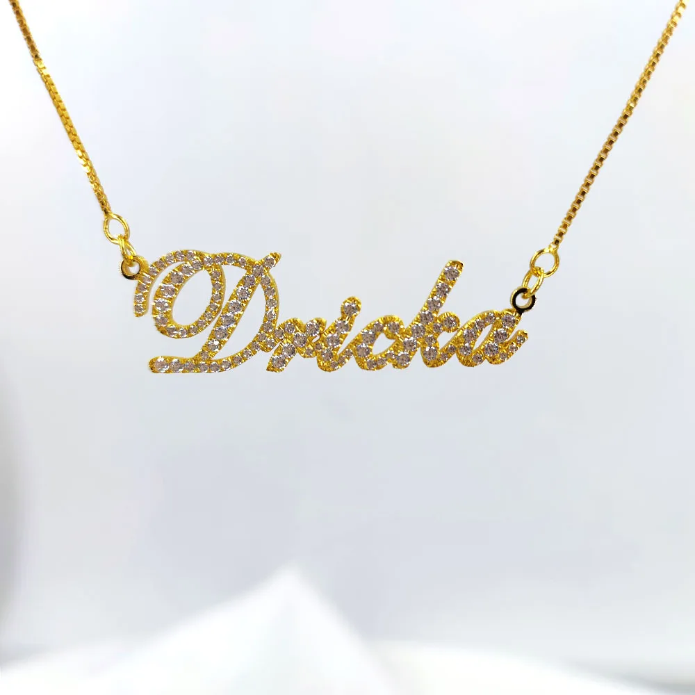 Custom Gold Plated Full Crystal Name Necklace Personalized Full Stones Letter Pendendt 925 Sterling Silver  For Womwen