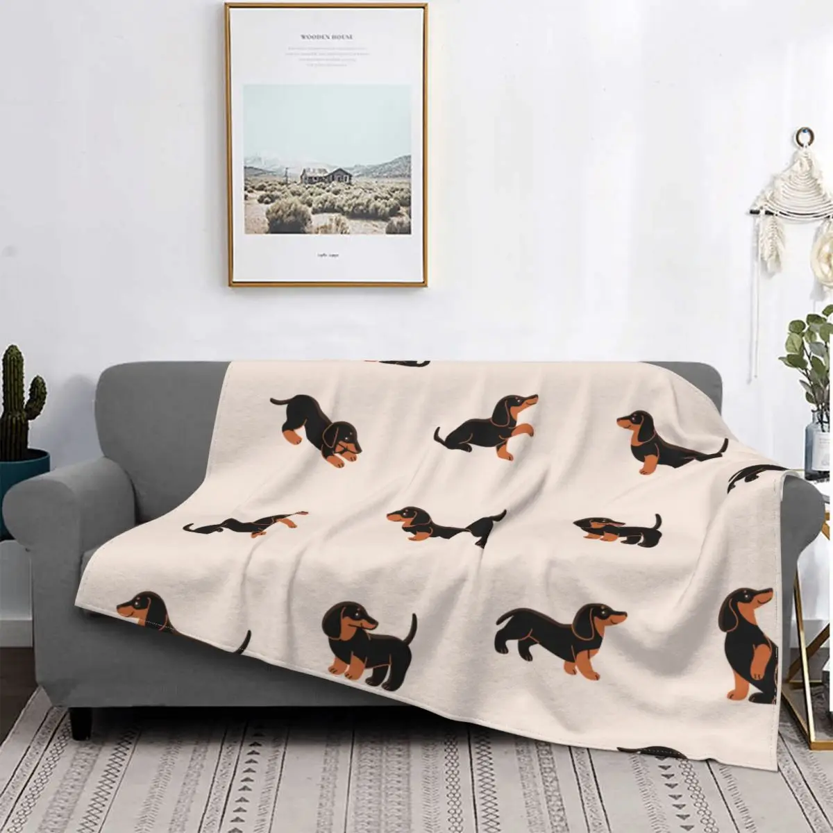 

Cartoon Happy Dachshund Blankets Velvet Dog Lover Super Warm Throw Blankets for Car Sofa Couch Bed Rug
