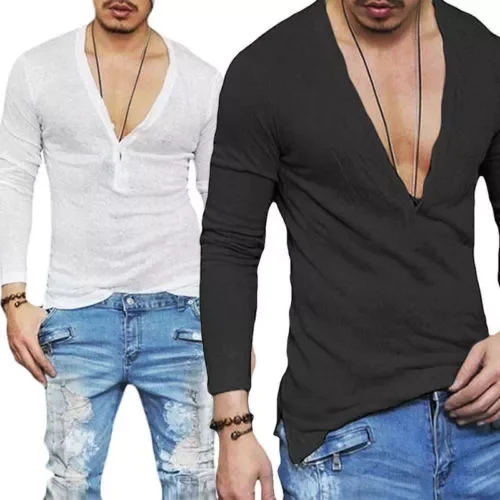 

Fashion Men's Casual V-Neck Long Sleeve Shirts Slim Fit T-Shirt Tops Casual Tee