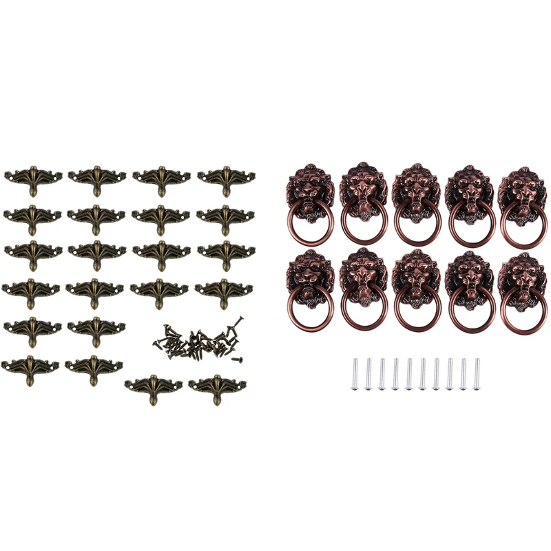 

10Pcs Dresser Drawer Cabinet Door Ring Lion Head Pull Handle & 30 Pcs Antique Jewelry Box Feet Leg Protector