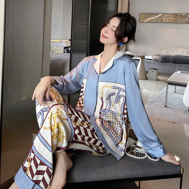 

QSROCIO Women's Pajamas Set Luxury Style Chain Print Sleepwear Silk Like Casual Homewear V Neck Nightwear Femme пижама женская