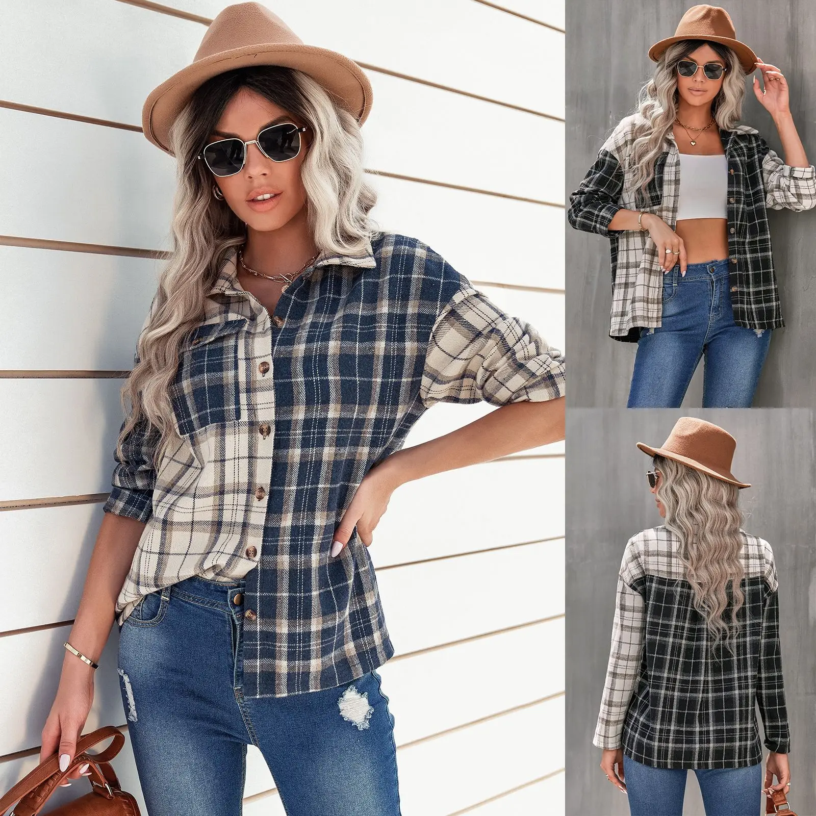 

2022 early autumn new lapel plaid blouse femalewomen's long sleeve loose shirt women tops