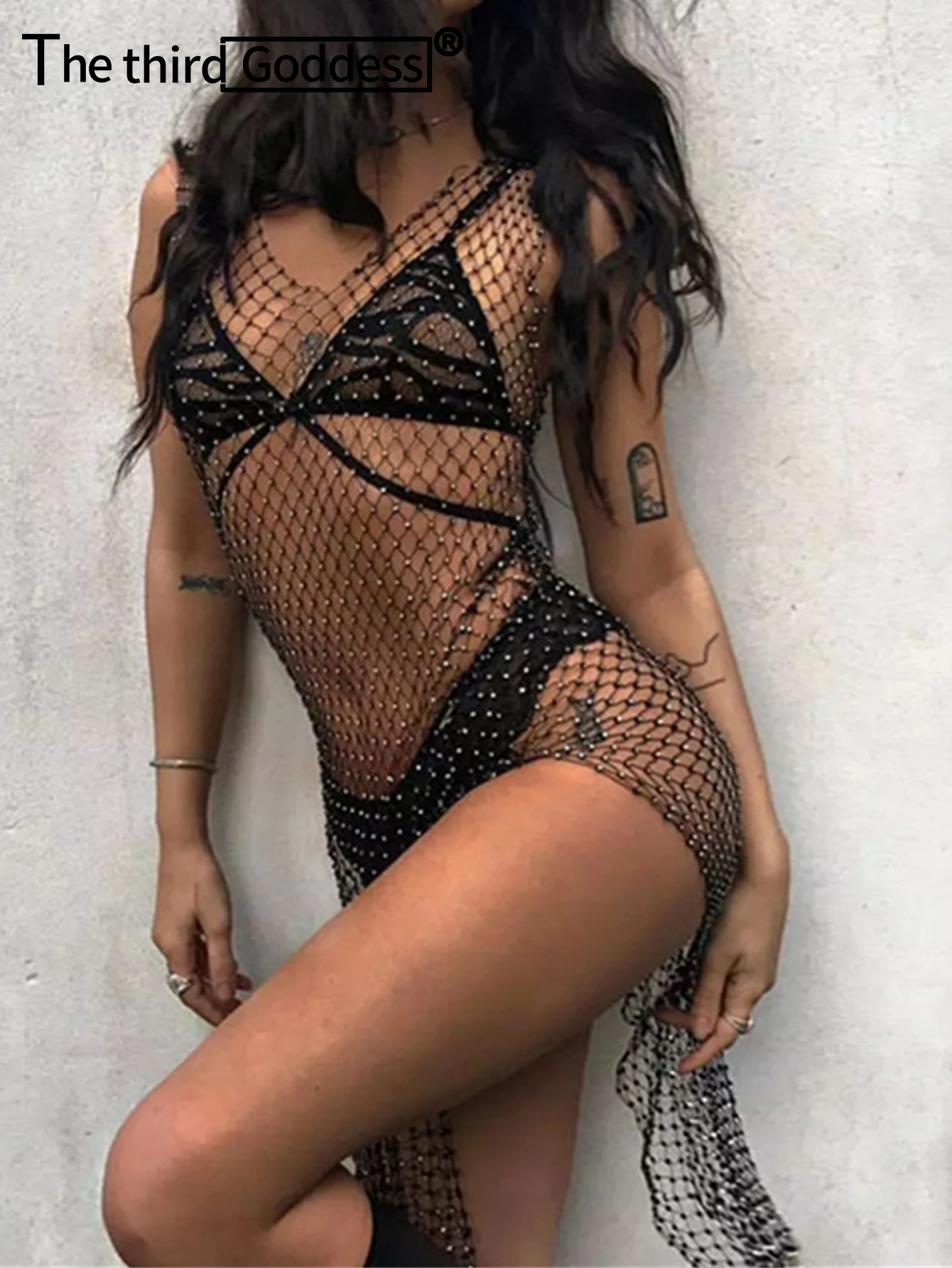 

Сексуальное прозрачное черное летнее платье Макси Стразы, женское облегающее платье для клувечерние, накидка на бикини, пляжное платье в се...