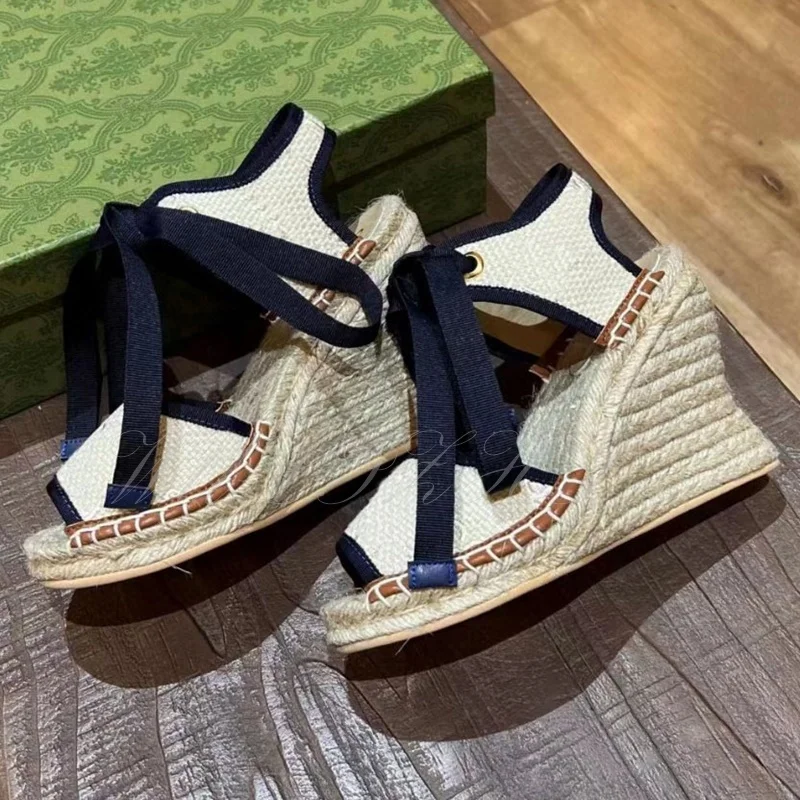 Blue Strappy Espadarille Wedge Sandals Women's Pink Embroidery Apricot Casual Heels Peep Toe Bow Hollow Winding Slingback Shoes