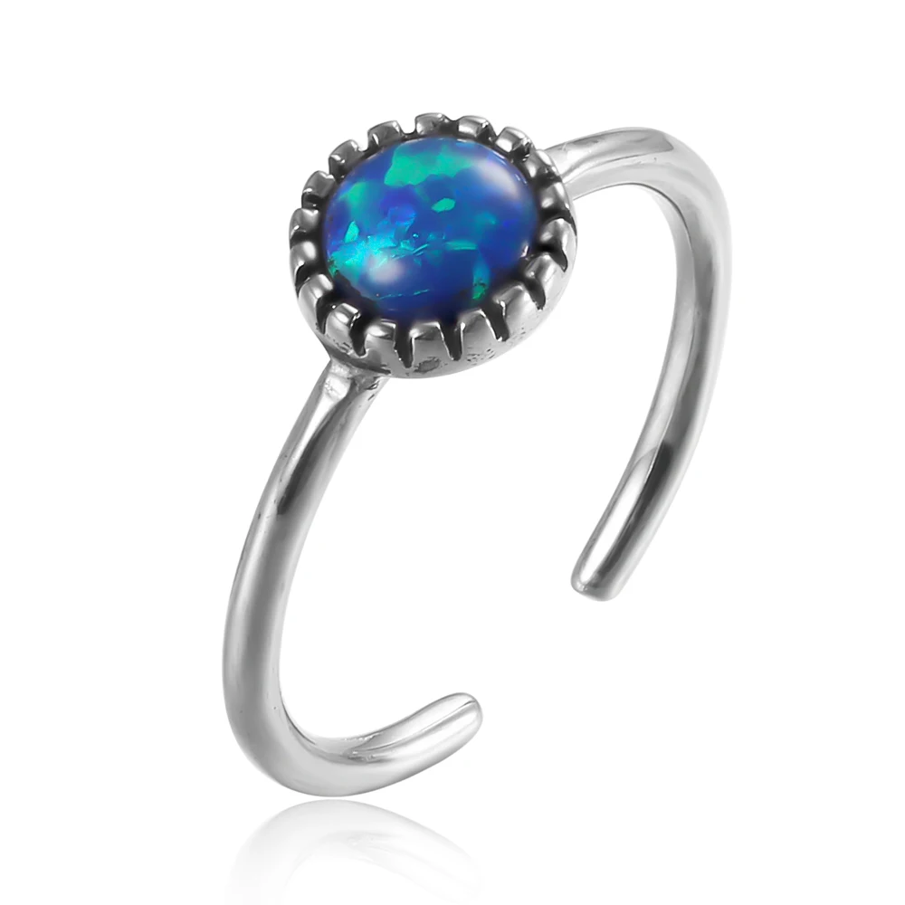 

100% 925 Silver Blue Fire Opal Stones Finger Ring Round Open Size Adjustable for Women Ladies Fine Jewelry Gifts