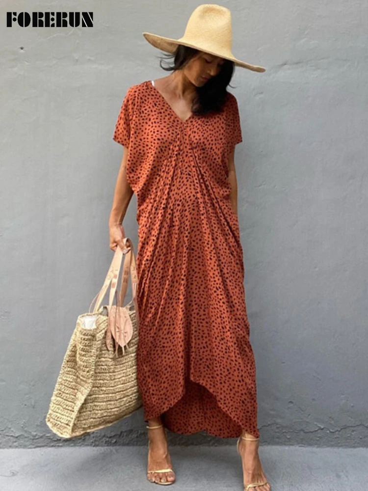 

FORERUN Summer Beach Dress Women 2022 New Leopard Printed Boho Kaftan Tunic Swimsuit Bikini Cover Up Beachwear Bathing Suits