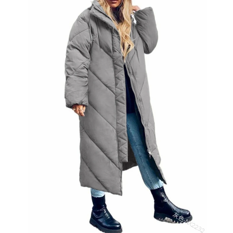 Winter Parkas Coat Women's Solid Color Loose Cardigan Large Coat Women Casual Long Sleeve Zipper Hooded Stand Collar Parkas Coat