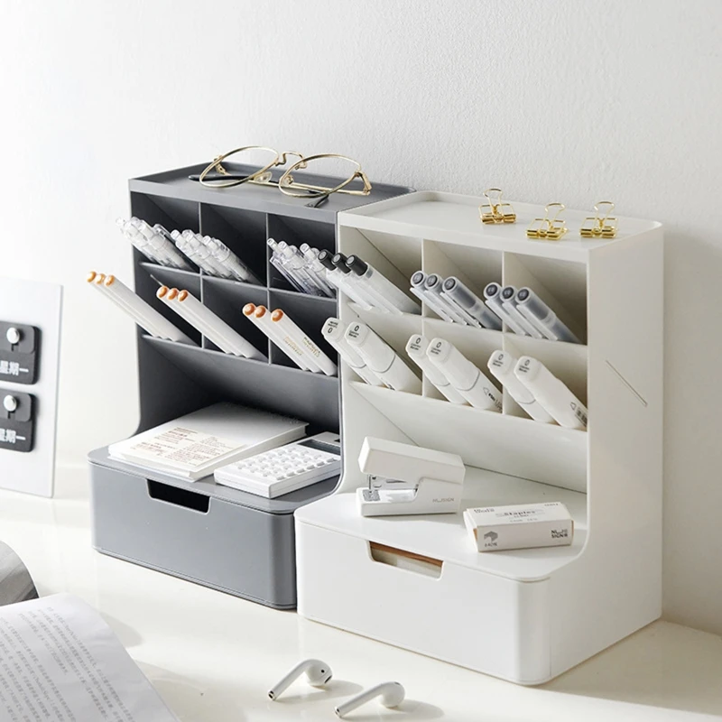 

Stacking Desk Pen Organizer 6-grid Inclined Pen Slots Desk Makeup Storage Holder