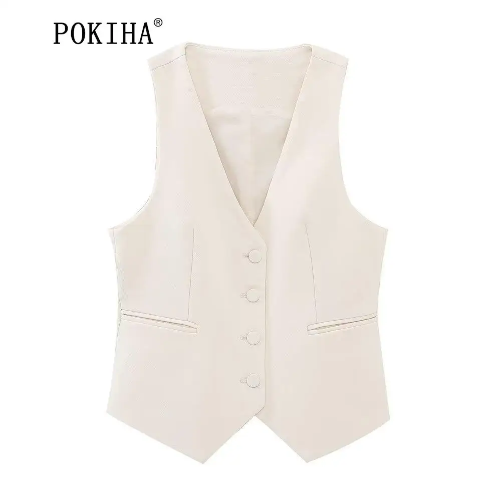 

Pokiha Women Fashion Front Button Fitted Waistcoat Vintage Sleeveless Welt Pockets Female Outerwear Chic Vest Tops Weomen Sets