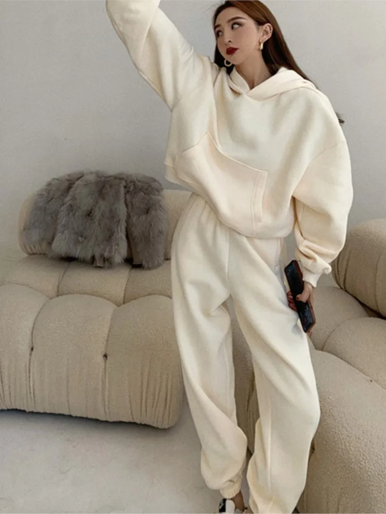 

Women Quality Hoodies Spring Winter Tracksuits Two Set Fleece Hooded Sweatshirts Fleece Pants Warm Suit