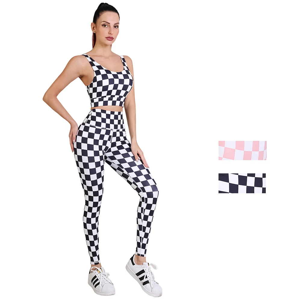 

Women Sportwear Checkboard Printing Bra and Leggings High Quality Elastic Quick Dry GYM Yoga Suits