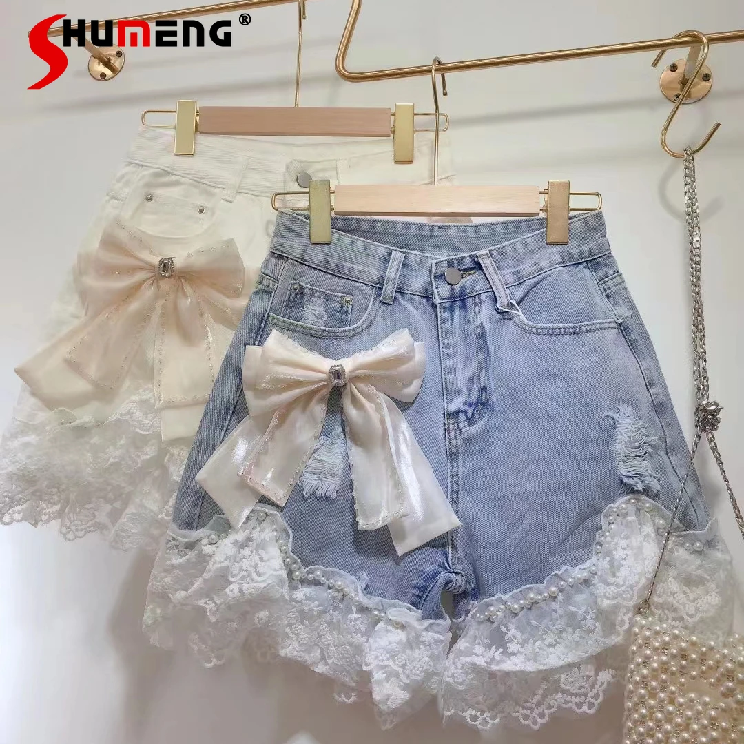 

Female 2022 Summer New Fashion Sweet Beaded Bowknot Denim Shorts Women's Fairy Lace Stitching High Waist Slimming Wide Leg Pants