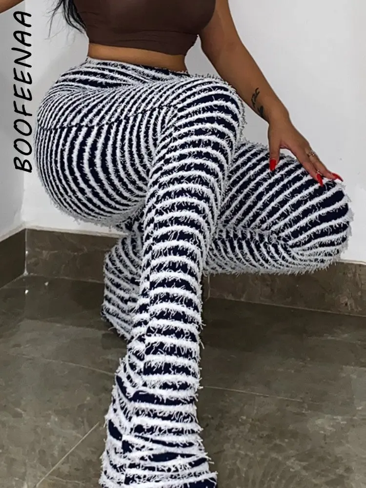 

BOOFEENAA Black and White Striped Knitted Stacked Pants Women Bottoms 2023 Streetwear Extra Long High Waist Flare Pants C66-EE42