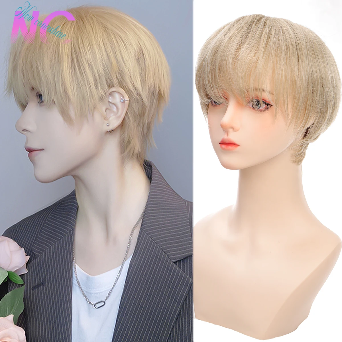 New Concubine Short Synthetic Mullet Head Wig Boy Black Gold Pink Cosplay Anime Fake Hair With Bangs Heat Resistant