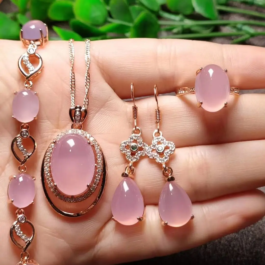 Pink Suits Natural S925 Ice Chalcedony Silver Plated Stone Sweet Lady Agate Ring Water Drop Earrings Round Gemstone Pendant