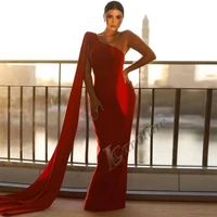caroline red long mermaid evening dress 2022 sleeveless one shoulder prom gowns with cape stretchy matte party custom made