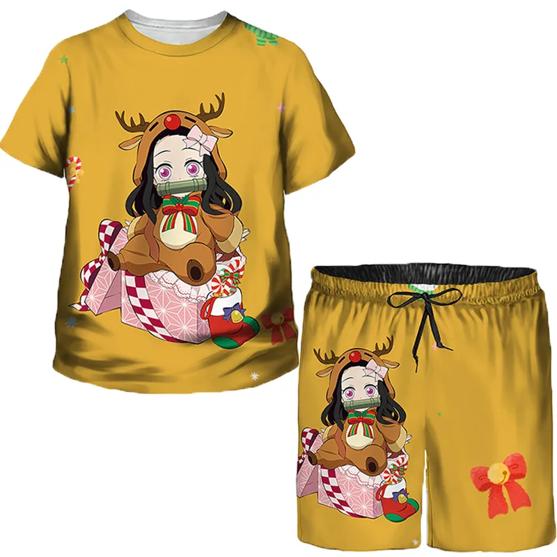 

Cartoon Print Kids Summer Suit 1-14 Yrs Boy Girl Sports Casual Children's Clothes Set Anime T-shirt + Shorts Christmas Outfits