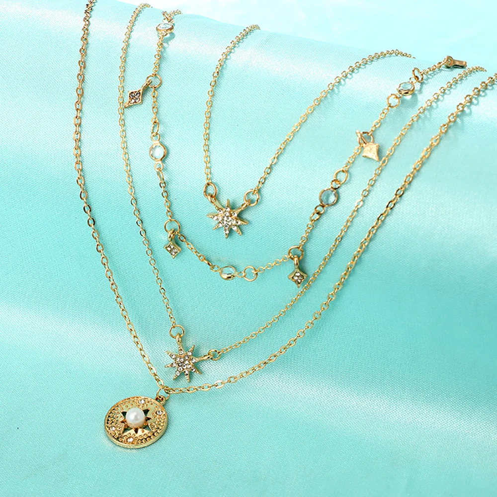Бохо Звездный Многослойный Колье Для Женщин Девушка Модное Золотое Покрытие Серебряного Цвета Длинное Колье с Кристаллом Луны 2018 Новое на.