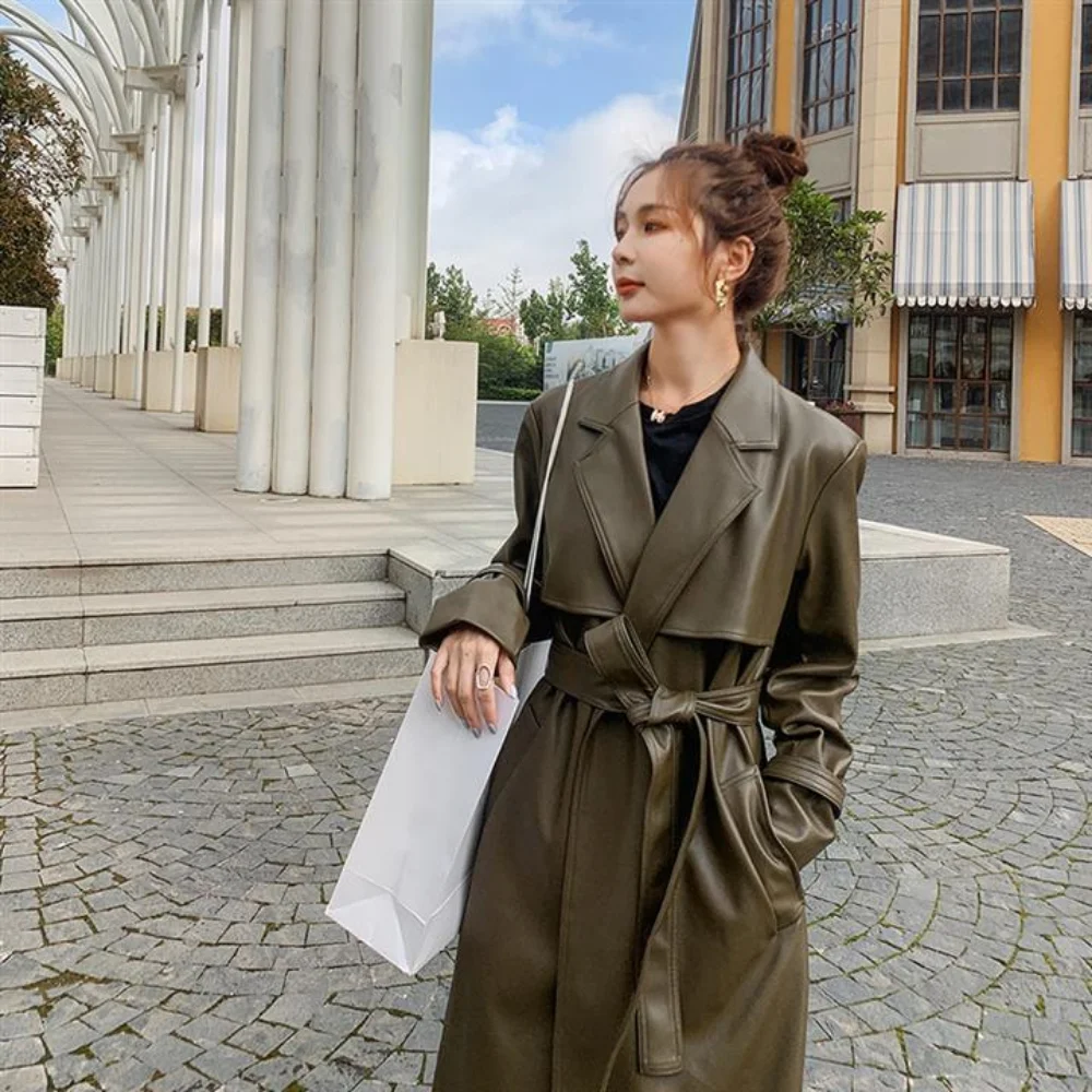 UETEEY  Autumn Long Oversized Leather Trench Coat for Women 2023 Long Sleeve Sashes Loose Faux Leather