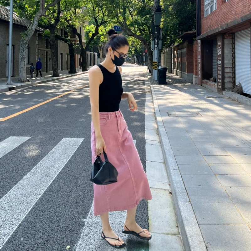 

Women Midi Skirt Denim Solid Color Slim Vintage Jupe