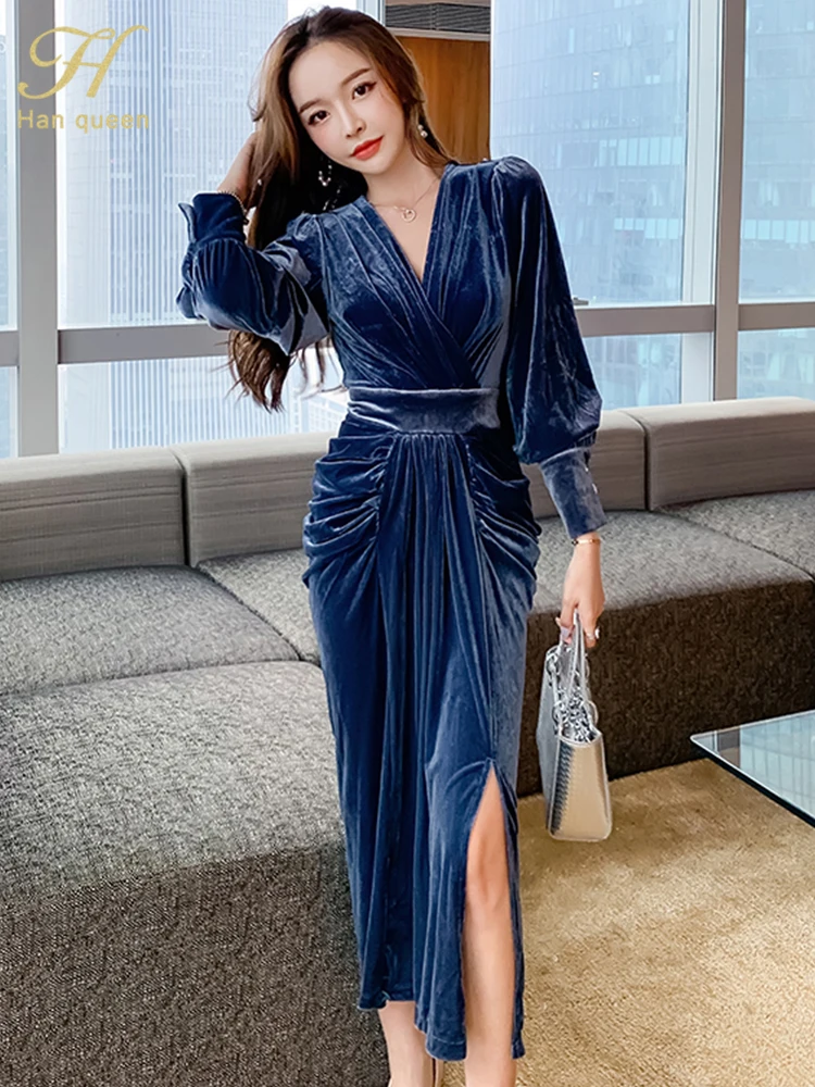 H Han Queen Elegant V-Neck Split Office Pencil Dress Women Winter Sheath Dresses Simple Slim Mid-Claf Work Party Bodycon Vestido