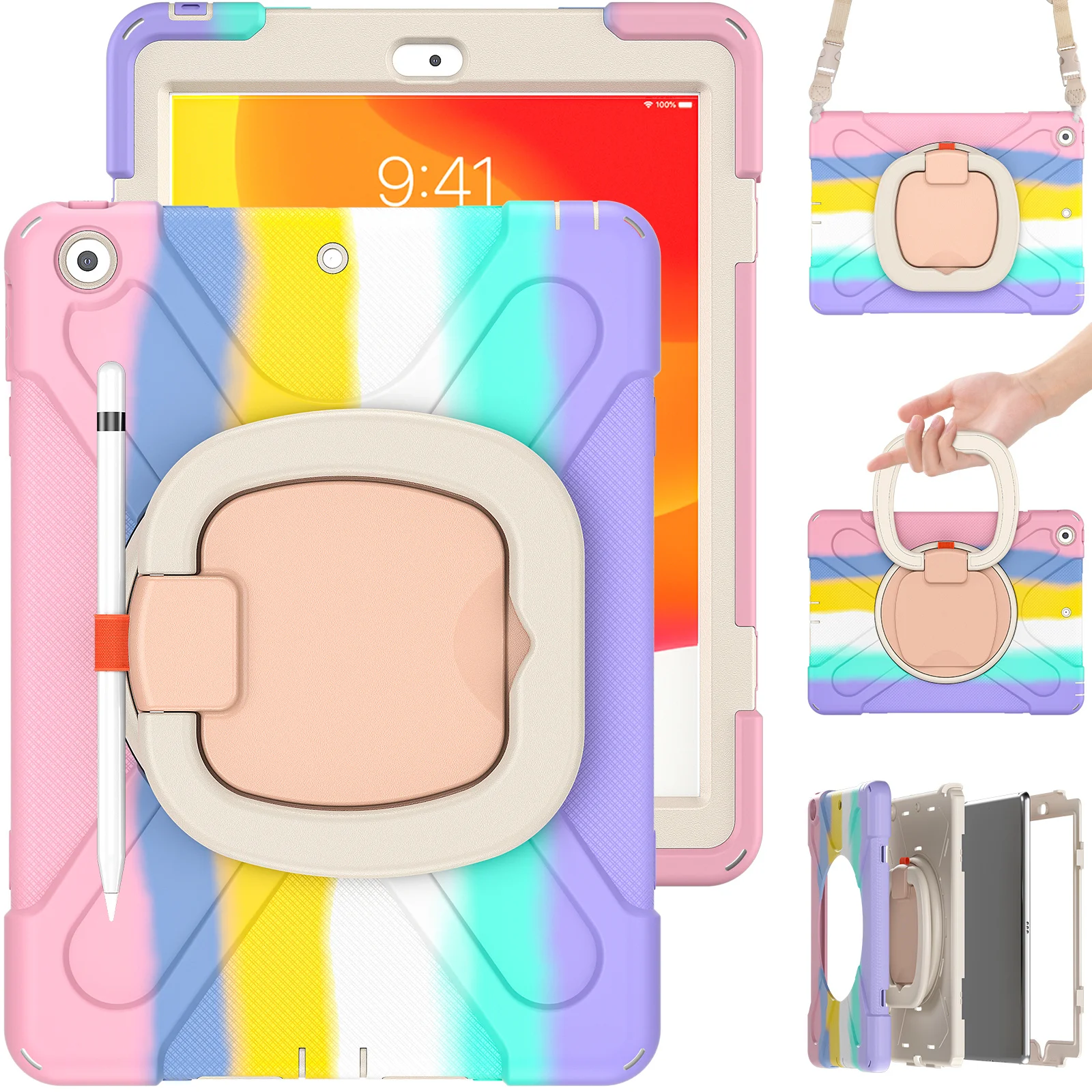 

Kid case for ipad 8th 7th generation hybird armature shoulder strap holder pencil ring kickstand cover 9th 10.2 deep