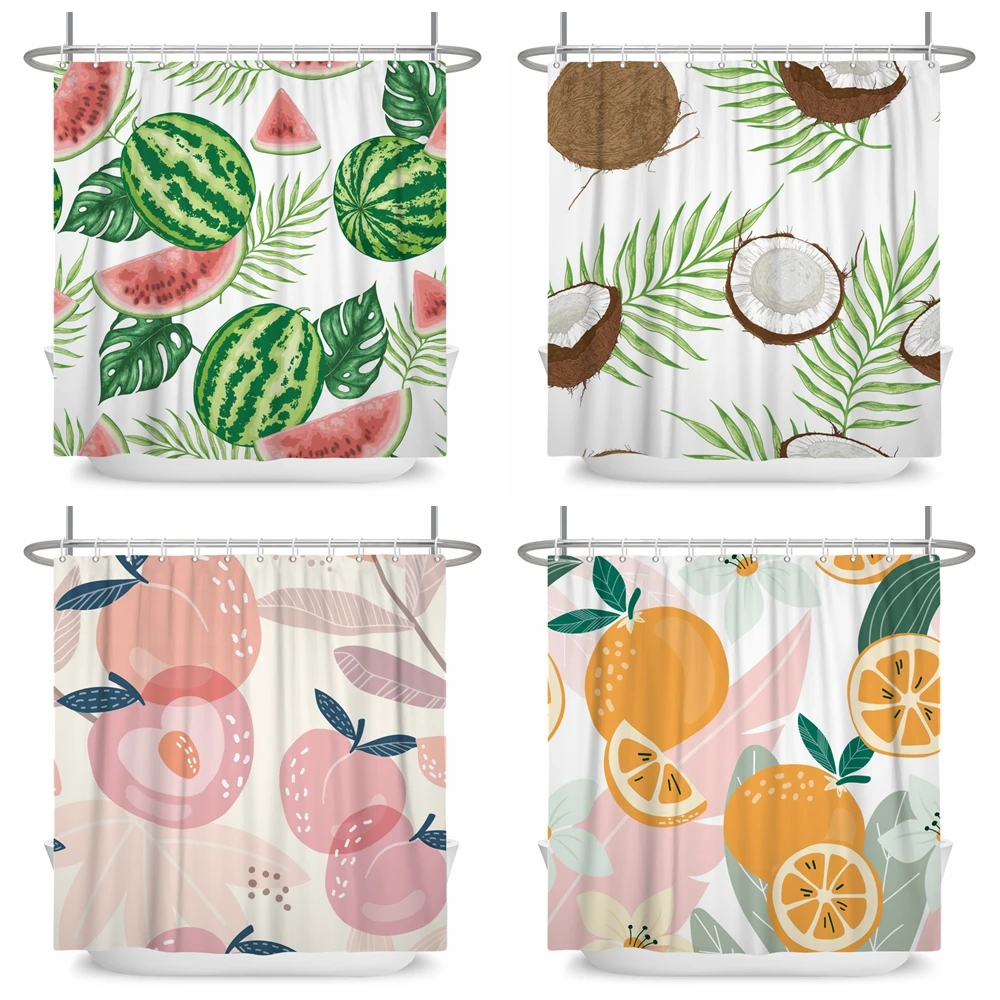 

Fruit Shower Curtain Orange Banana Peach Watermelon Pattern Cute Kids Bathroom Decor Polyester Fabric Waterproof with 12 Hooks
