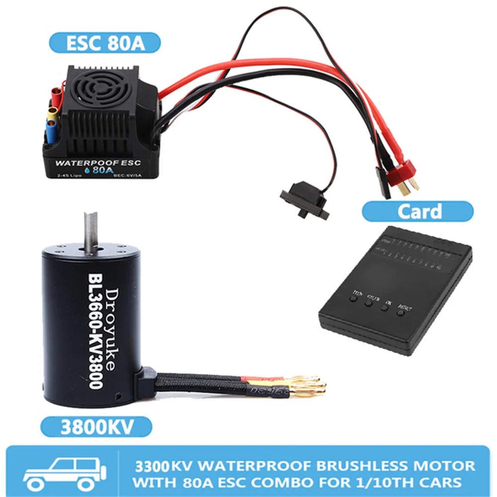 

Combo of Droyuke BL3660 2600KV 3300KV 3800KV Brushless Motor & 80A ESC & Program Card & Heat Sink for 1/10th 1/8th RC Car Truck