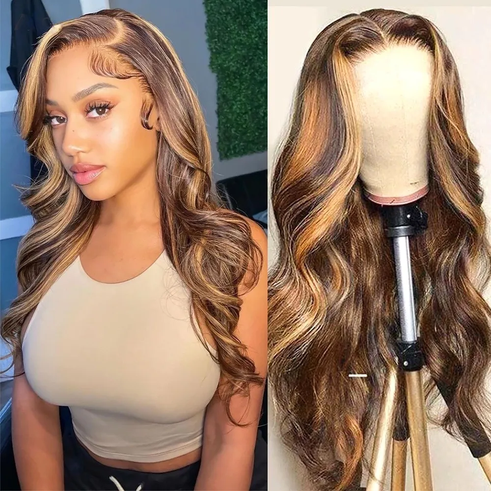 

Preplucked 26 inch 180Density Natural Hairline Highlight Blonde Long Body Wave Lace Front Wig for Women BabyHair Glueless Daily