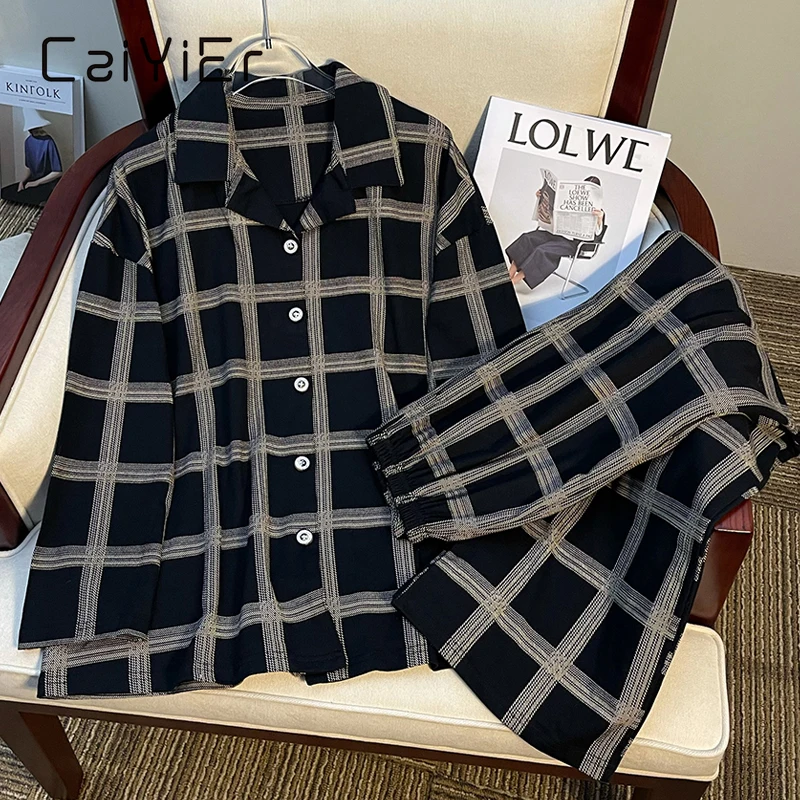 CAIYIER Women's Pajamas Autumn Winter Long Sleeve Cardigan Sleepwear Stripe Cartonn Pajamas Set Girls Kawaii Leisure Nightwear