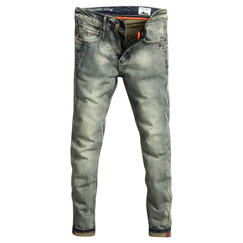 Fashion Designer Men Jeans Retro Yellow Blue Elastic Stretch Slim Fit Ripped Jeans Men Korean Style Vintage Denim Pants Hombre