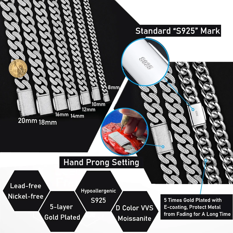 Браслет из серебра 925 пробы с муассанитом 8-20 мм