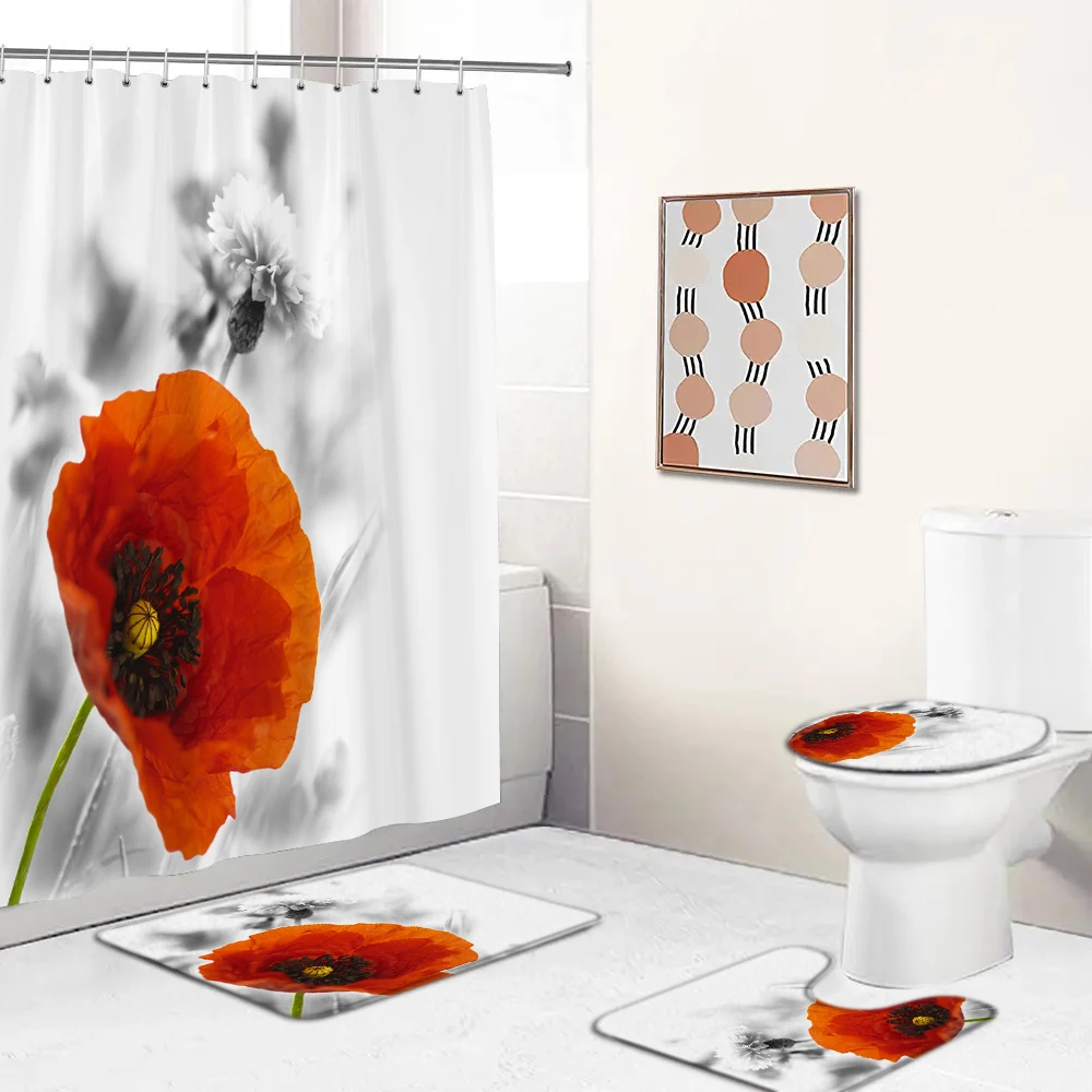

Red Flowers Printed Pattern 180x180cm Shower Curtain Pedestal Rug Lid Toilet Cover Mat Non-slip Bath Mat Set Bathroom Decor