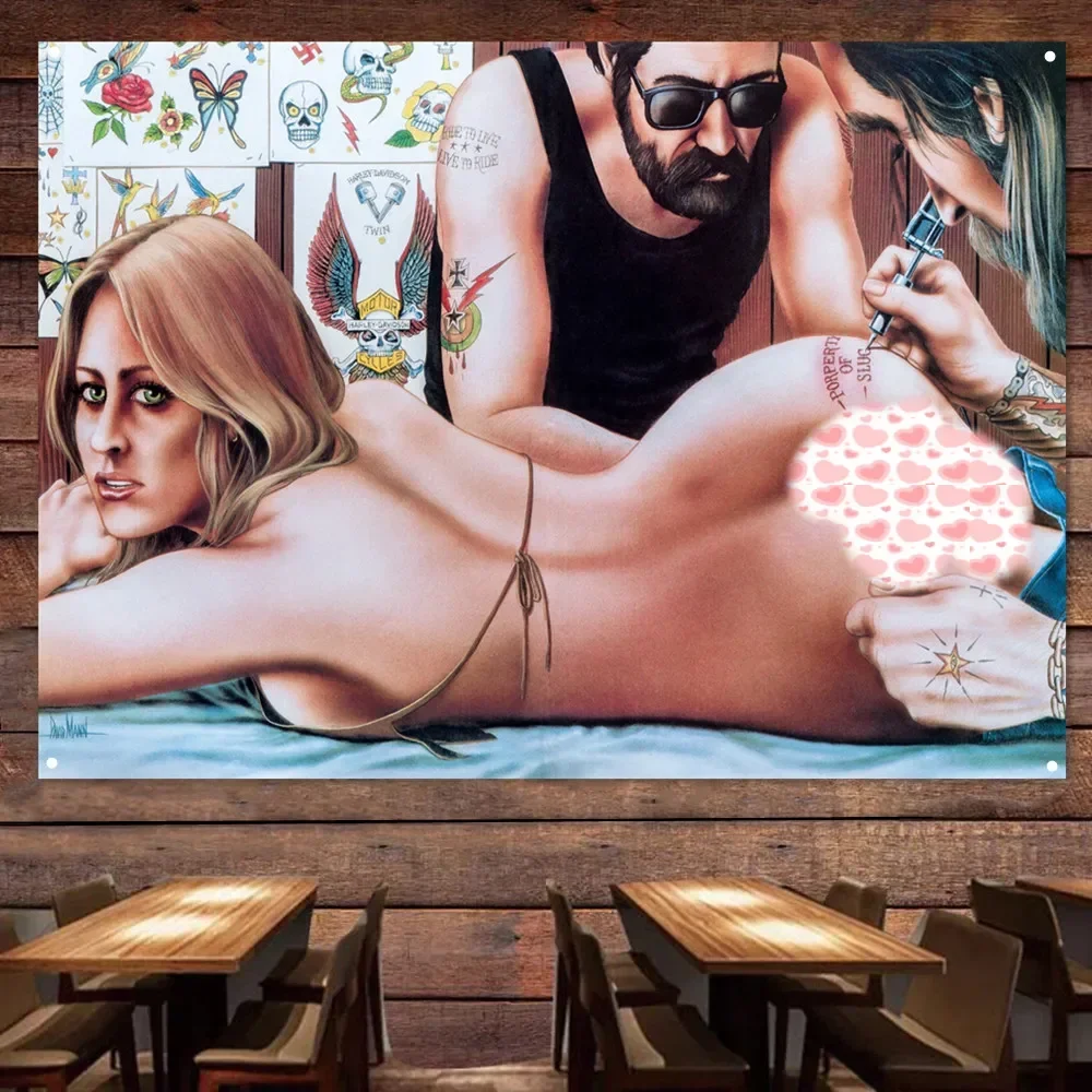 Татуировка на горячей девушке задница мотоцикл картина для гаража винтажный