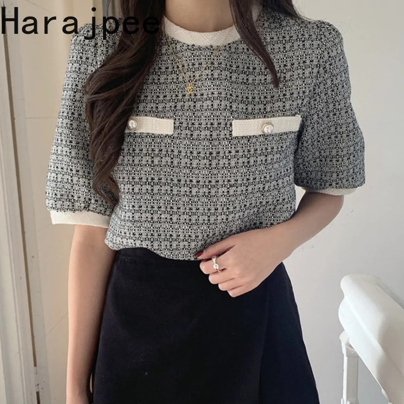 

Harajpee Women Pullover Mixed Color Braid Vintage Round Neck Spring New Korean Chic Loose Puff Sleeve Elegant Short Casual Tops