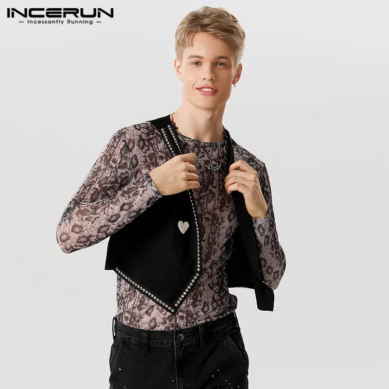 

INCERUN 2023 Men Vests Patchwork Shiny V Neck Sleeveless Open Stitch Waistcoats Streetwear Fitness Fashion Casual Vests S-5XL