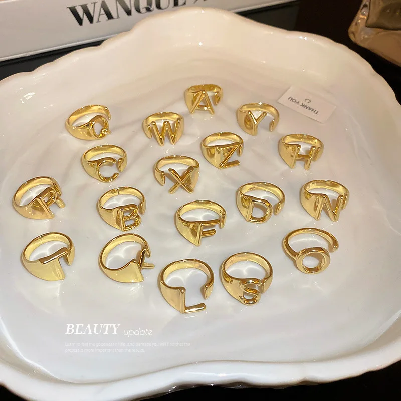 

Minimalist Multiple Gold Color Alloy Letter Charm Rings for Women Chunky Metallic Adjustable Open Finger Ring Simple Accessories