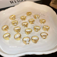 minimalist multiple gold color alloy letter charm rings for women chunky metallic adjustable open finger ring simple accessories