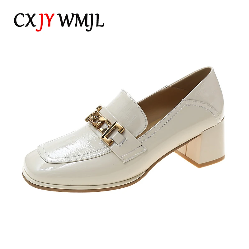 

Лоферы CXJYWMJL женские на массивном каблуке, верхний слой из воловьей кожи, модная весенняя обувь из натуральной кожи на высоком каблуке с цепо...