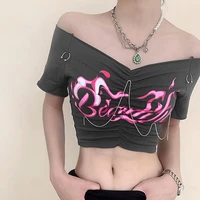 print women t shirt summer y2k streetwear sexy ruched off shoulder crop top club casual bodycon chain top